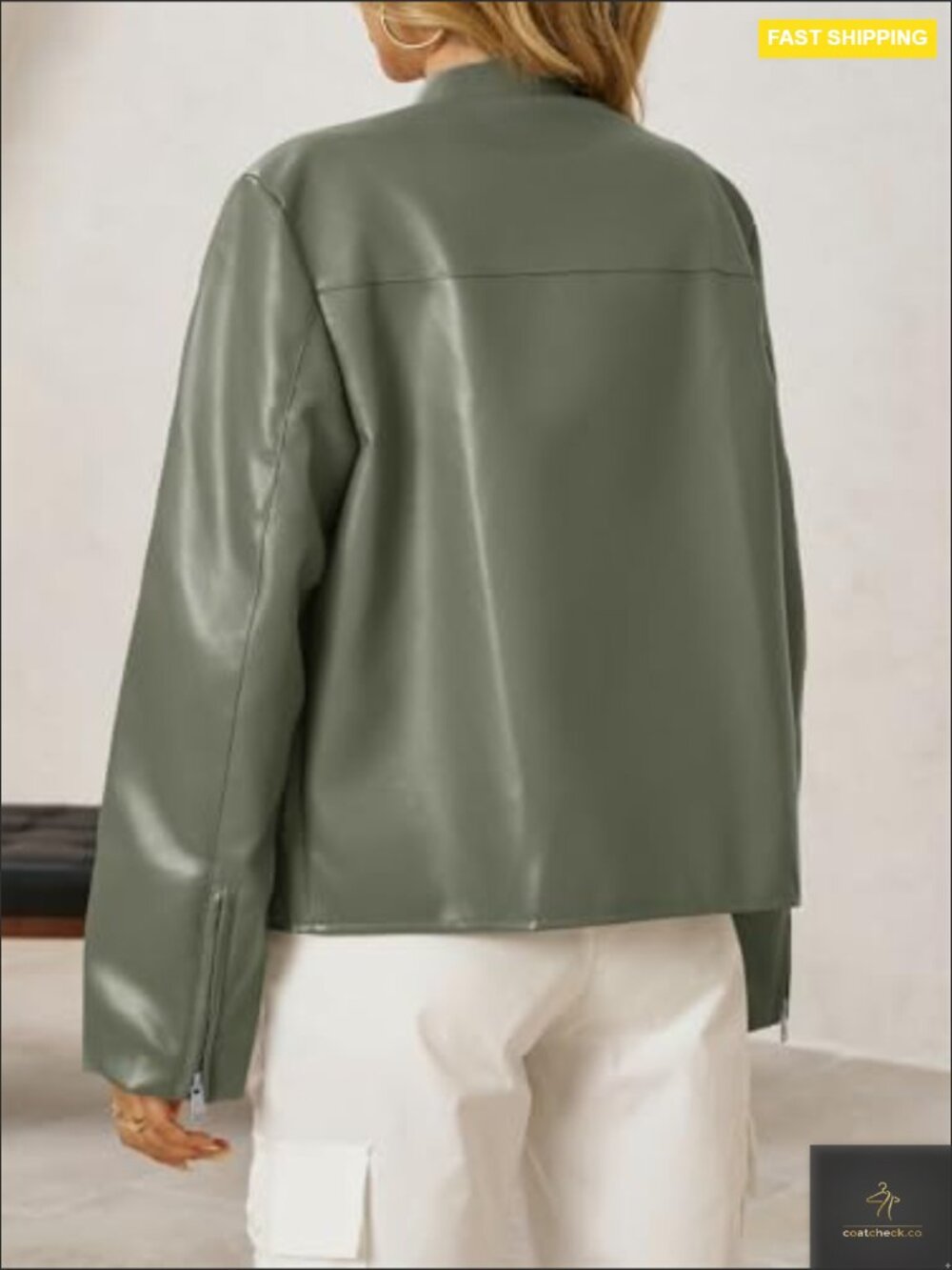 Faux Leather Bomber Jacket Vintage Y2K Moto Zip Up Racing Coat - Picture 3 of 6
